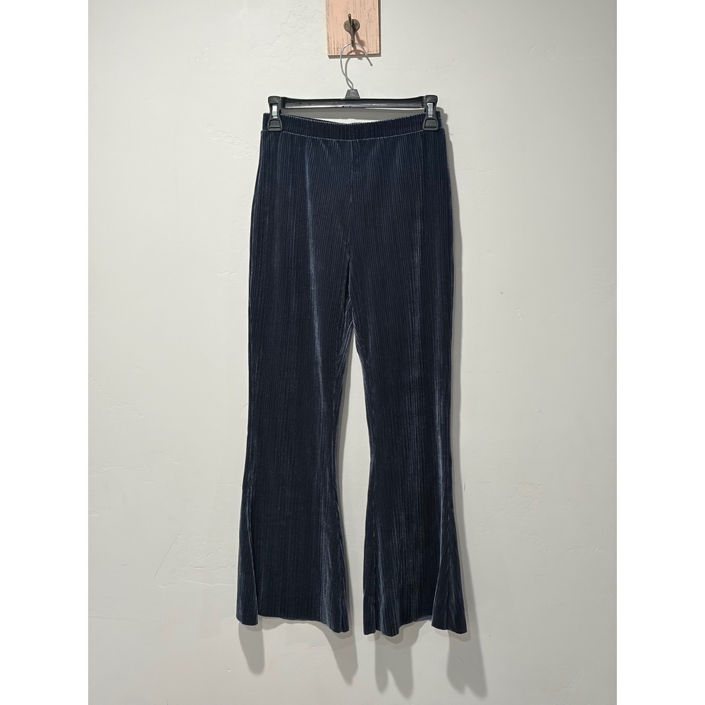 Natural Life Navy Blue Velvet Plisse Flare Leg Pants XS High Rise Pleated Boho